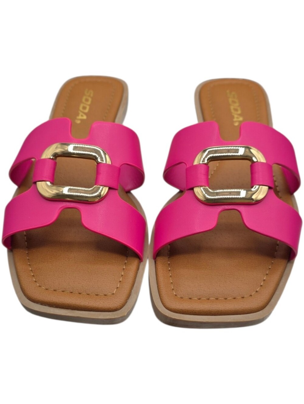 Soda FENG-S Fuchsia Gold Buckle Square Toe Slide Sandals Size 7 NIB